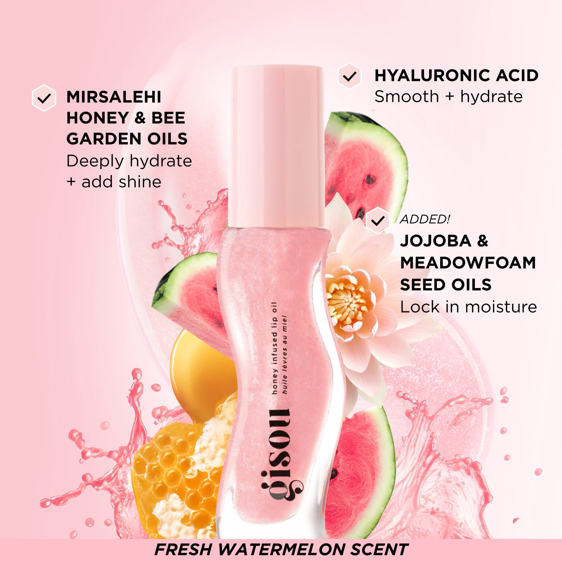 slide 3 of 10, Gisou Honey Infused Hydrating Lip Oil Watermelon Sugar, 0.27 oz