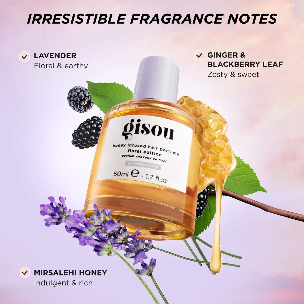 slide 2 of 9, Gisou Mini Lavender Berry Honey Infused Hair Perfume 0.5 oz/15ml, 0.5 oz/15 ml