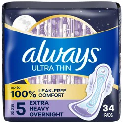 Always Ultra Thin Overnight Pads, Size 5, Extra Heavy Overnight, Unscented, 34 Count