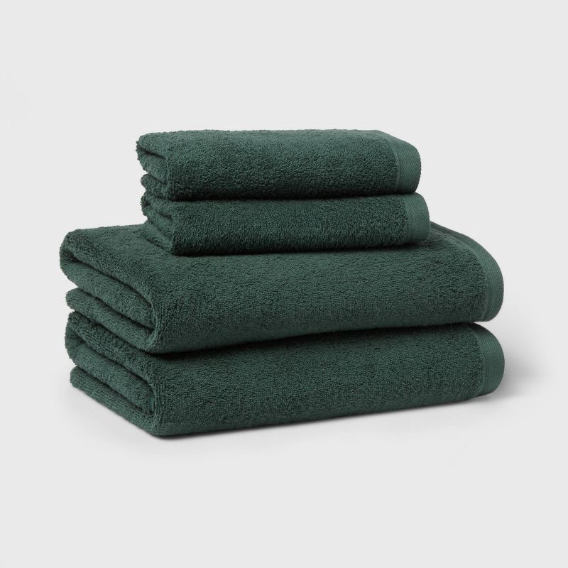 slide 1 of 6, 4pk Antimicrobial Assorted Bath and Hand Towel Set Dark Green - Room Essentials™: Cotton Dobby Weave, Midweight GSM, 4 ct