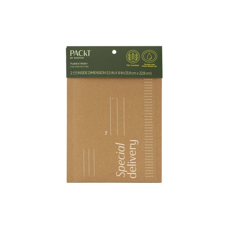 slide 1 of 5, Scotch 2pk Packt Small Mailer: Self-Adhesive Padded Envelopes, 6x9 Inch, Beige, Mailing Packaging, 2 ct