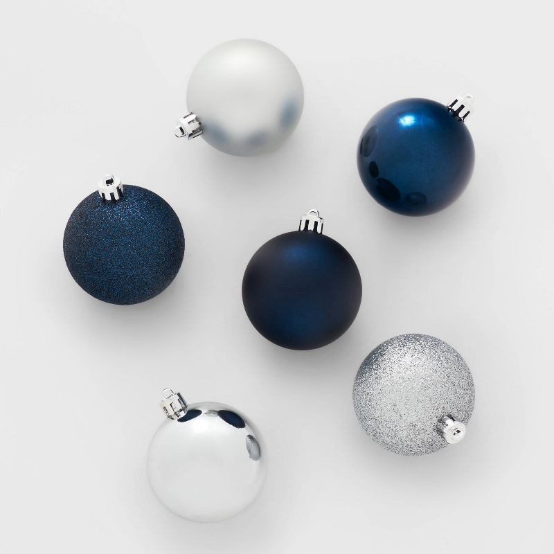 slide 1 of 3, 50ct Shatter-Resistant Round Christmas Tree Ornament Set Navy/Silver - Wondershop™: Luxury Indoor Decor, 2.36", 50 ct