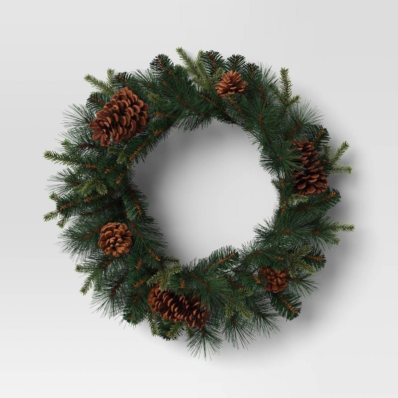 slide 1 of 3, 24" Mixed Greenery with Pinecones Artificial Christmas Wreath Green - Wondershop™: Indoor/Outdoor, Traditional Style, 1 ct