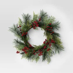 22" Mixed Pine with Red Berries Artificial Christmas Wreath - Wondershop™: Indoor/Outdoor Use