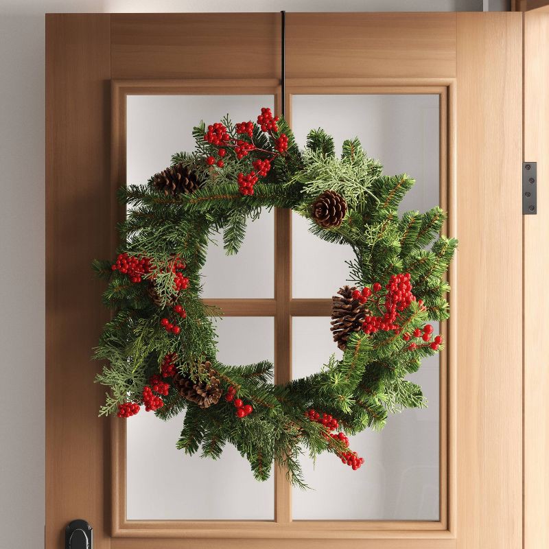 slide 2 of 3, 28" Mixed Greenery and Cedar with Pinecones and Red Berries Artificial Christmas Wreath Green - Wondershop™: Unlit, Indoor/Outdoor Use, 1 ct