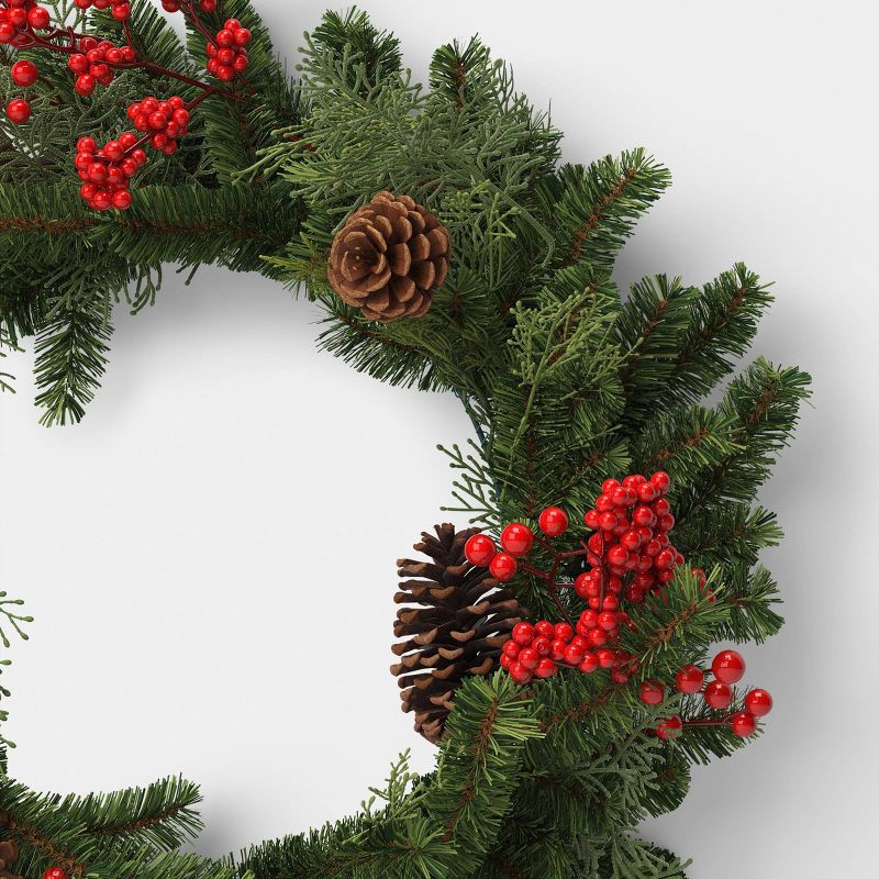 slide 3 of 3, 28" Mixed Greenery and Cedar with Pinecones and Red Berries Artificial Christmas Wreath Green - Wondershop™: Unlit, Indoor/Outdoor Use, 1 ct