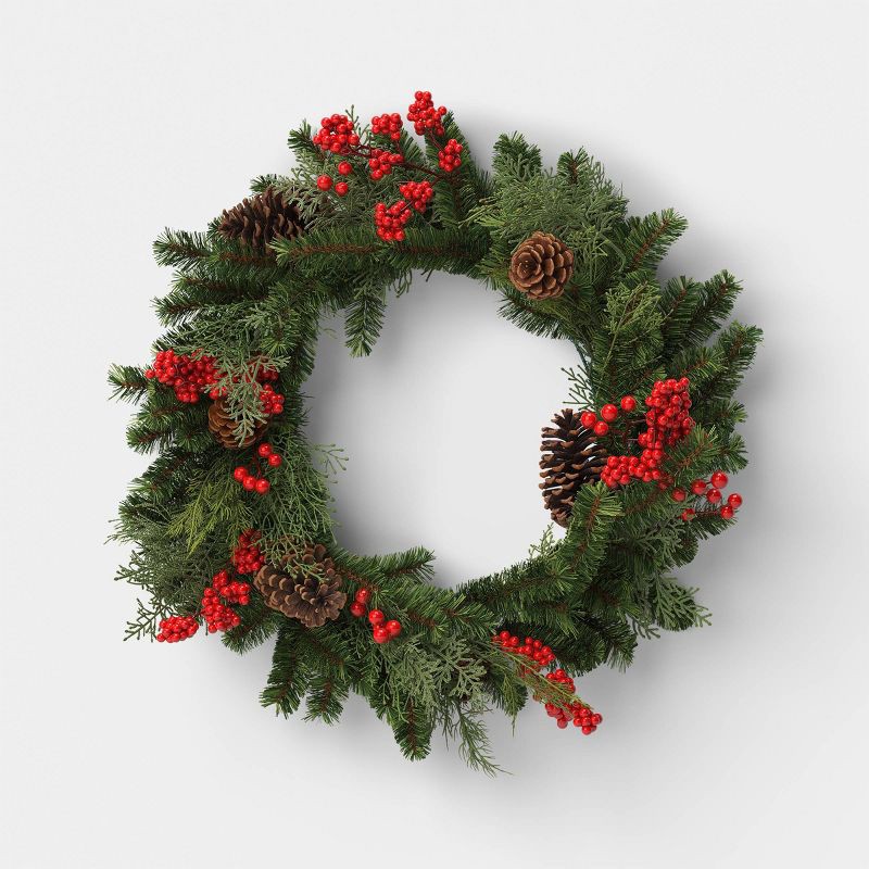 slide 1 of 3, 28" Mixed Greenery and Cedar with Pinecones and Red Berries Artificial Christmas Wreath Green - Wondershop™: Unlit, Indoor/Outdoor Use, 1 ct