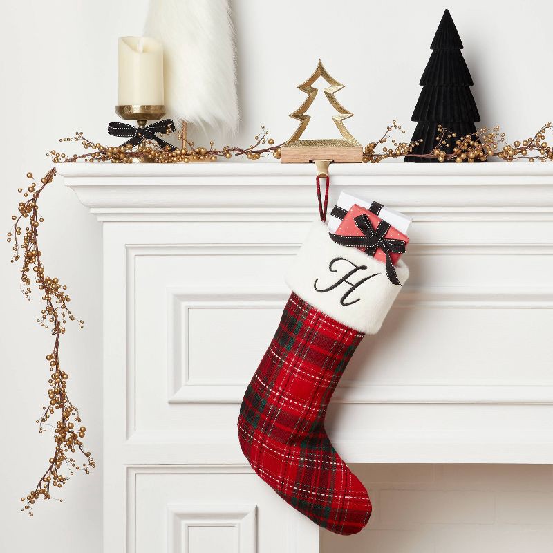 slide 2 of 3, 20" Plaid Monogram 'H' Christmas Holiday Stocking with Faux Fur Cuff Red/Green/White - Wondershop™, 1 ct
