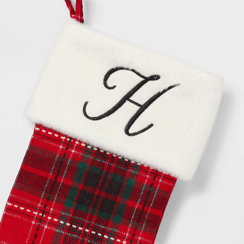 slide 3 of 3, 20" Plaid Monogram 'H' Christmas Holiday Stocking with Faux Fur Cuff Red/Green/White - Wondershop™, 1 ct