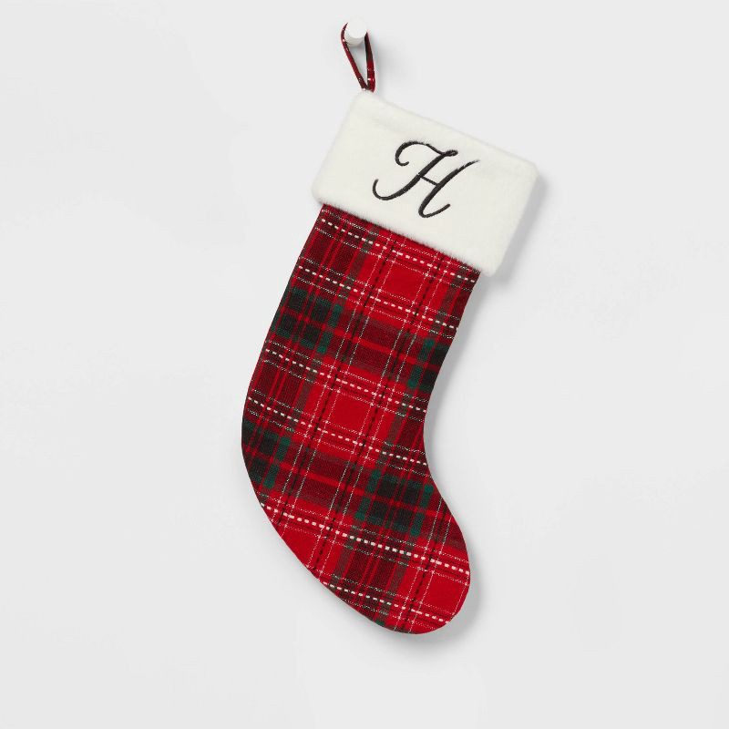 slide 1 of 3, 20" Plaid Monogram 'H' Christmas Holiday Stocking with Faux Fur Cuff Red/Green/White - Wondershop™, 1 ct