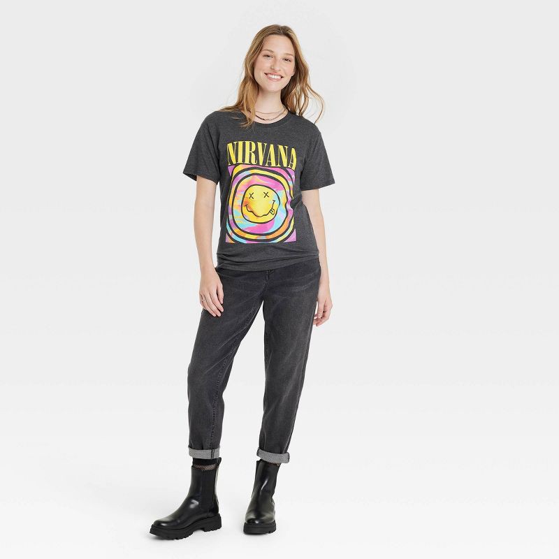 slide 3 of 3, Women's "Nirvana" Short Sleeve Graphic T-Shirt - Black XL: Merch Traffic Band Logo Tee, Cotton-Polyester Blend, Crew Neck, 1 ct