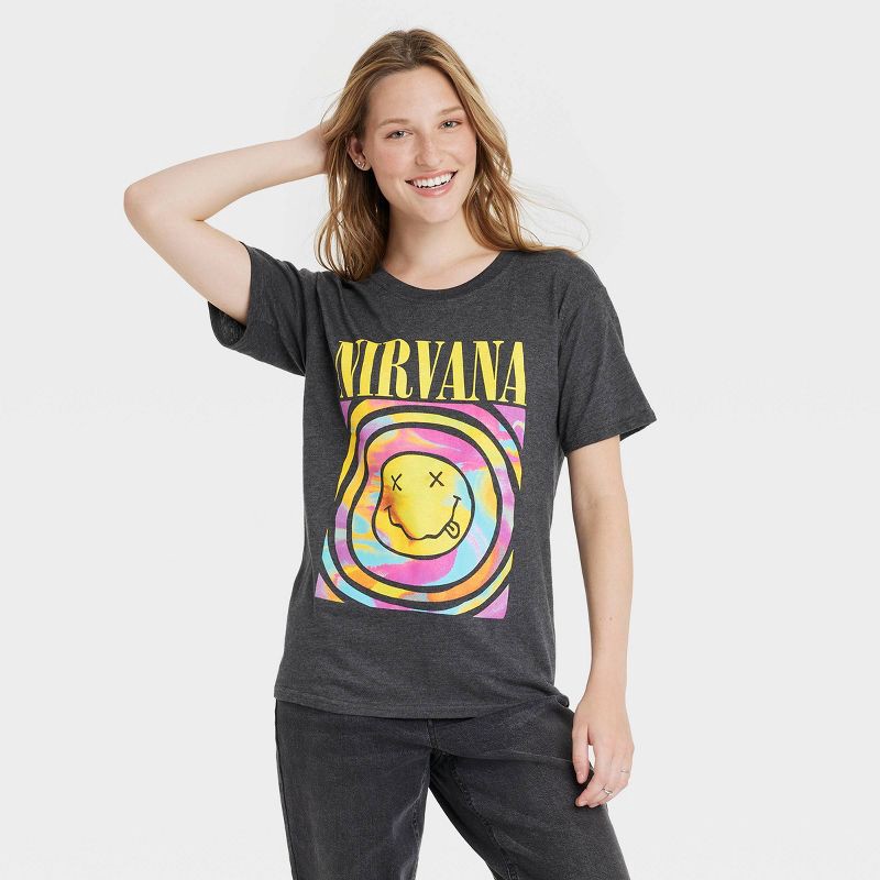 slide 1 of 3, Women's "Nirvana" Short Sleeve Graphic T-Shirt - Black XL: Merch Traffic Band Logo Tee, Cotton-Polyester Blend, Crew Neck, 1 ct