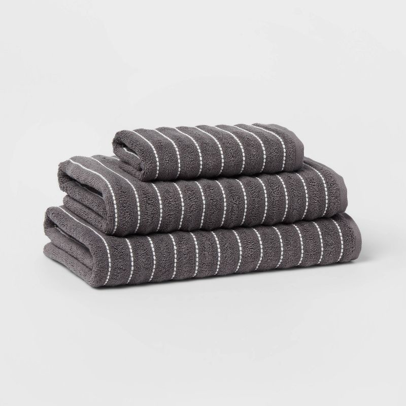 slide 4 of 5, Performance Plus Hand Towel Dark Gray Striped - Threshold™: Cotton-Polyester Blend, Fade-Resistant, Terry Construction, 1 ct