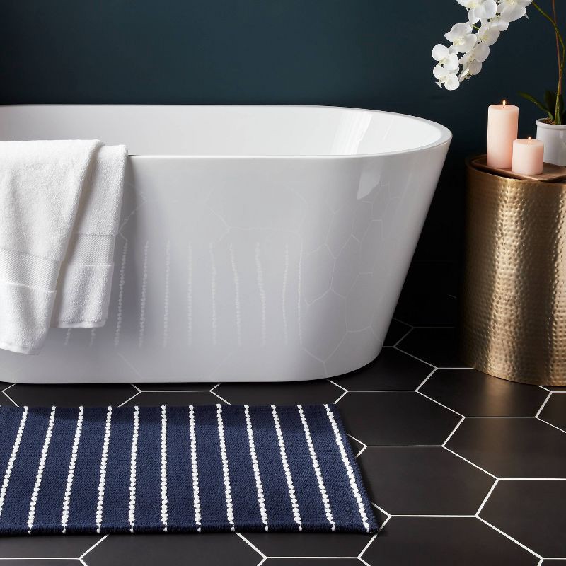 slide 2 of 4, 20"x30" Performance Plus Bath Rug Striped Navy - Threshold™: Cotton, Woven, Machine Washable, OEKO-TEX Certified, 1 ct