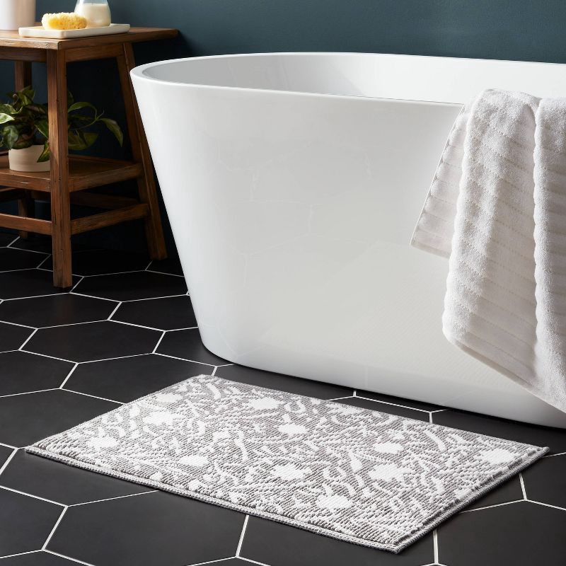 slide 2 of 4, 20"x30" Performance Plus Bath Rug Gray Floral - Threshold™: Cotton Woven, Machine Washable, OEKO-TEX Certified, 1 ct