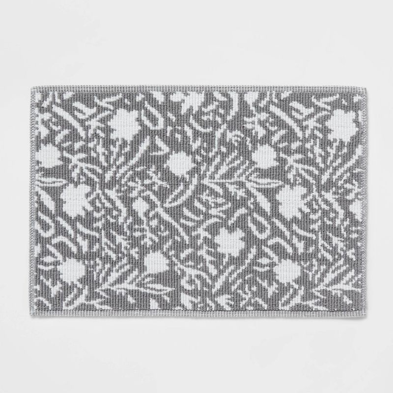 slide 1 of 4, 20"x30" Performance Plus Bath Rug Gray Floral - Threshold™: Cotton Woven, Machine Washable, OEKO-TEX Certified, 1 ct