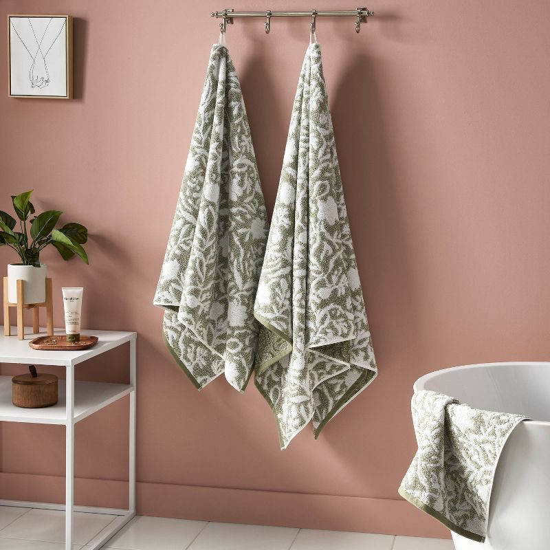 slide 2 of 5, Performance Plus Oversized Bath Towel Light Green Floral - Threshold™: 100% Cotton, Jacquard Terry, Fade-Resistant, 1 ct