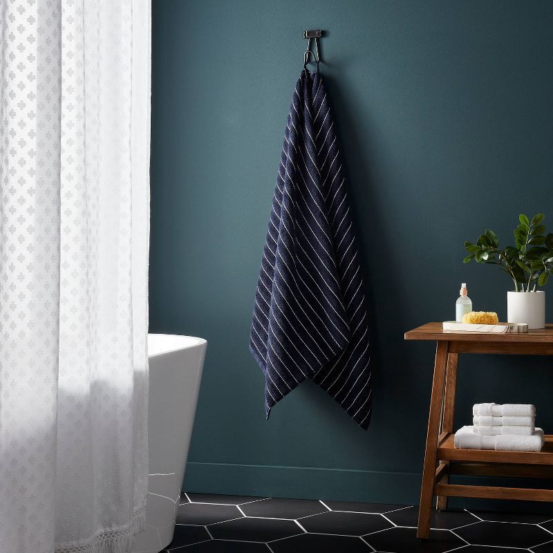 slide 2 of 5, Performance Plus Oversized Bath Towel Navy Striped - Threshold™: Heavyweight Cotton Terry, Fade-Resistant, 1 ct