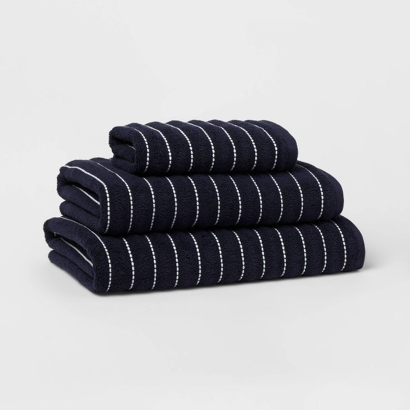 slide 4 of 5, Performance Plus Oversized Bath Towel Navy Striped - Threshold™: Heavyweight Cotton Terry, Fade-Resistant, 1 ct