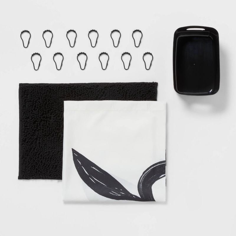 slide 1 of 3, 15pc Abstract Floral Shower Curtain Set Black - Room Essentials™: Complete Bath Ensemble with Rug & Rings, 15 ct