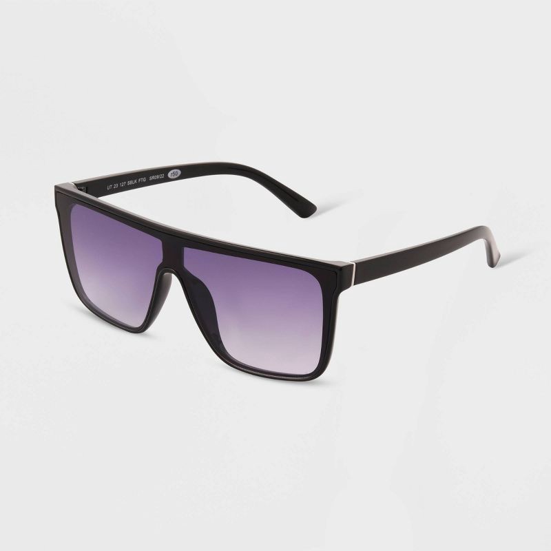 slide 2 of 2, Women's Shiny Plastic Shield Sunglasses - Universal Thread™ Black: Scratch-Resistant, UV Protection, 1 ct