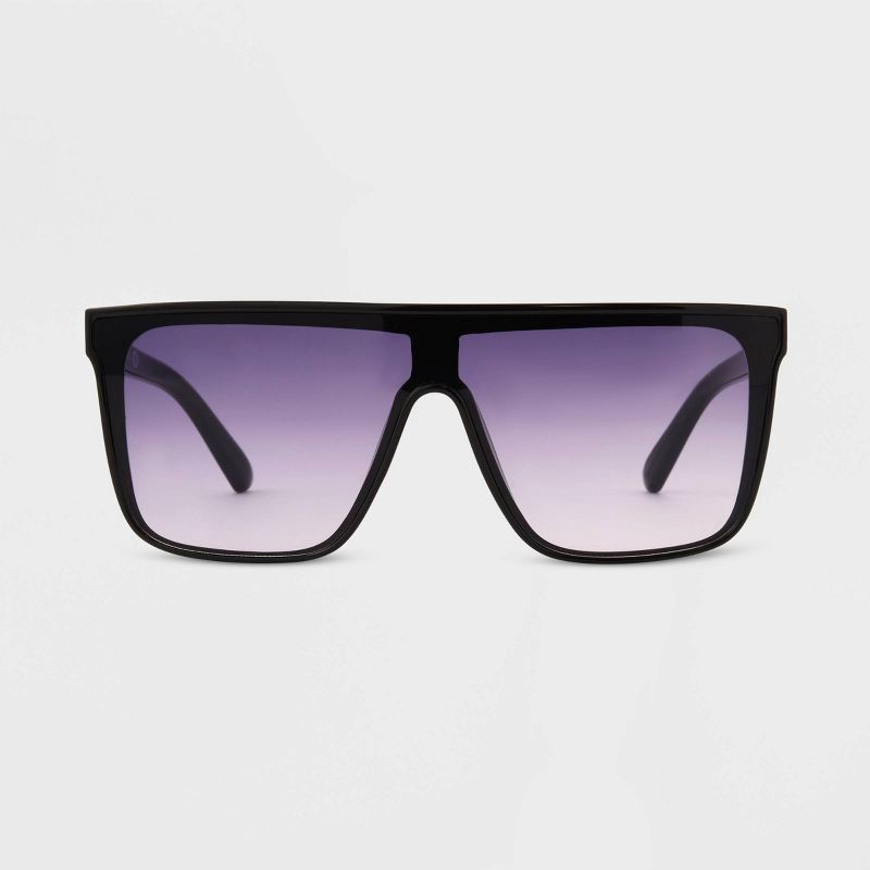 slide 1 of 2, Women's Shiny Plastic Shield Sunglasses - Universal Thread™ Black: Scratch-Resistant, UV Protection, 1 ct