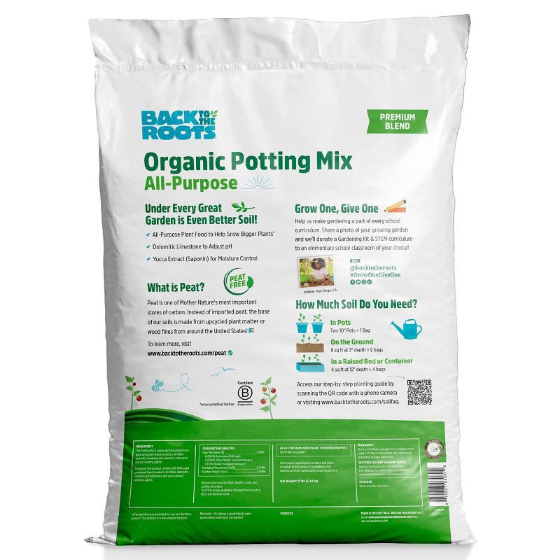 slide 12 of 14, Back to the Roots 25.7qt Organic Potting Mix Premium Blend All Purpose: Soil for Flowers & House Plants, Peat-Free, 25.7 qt