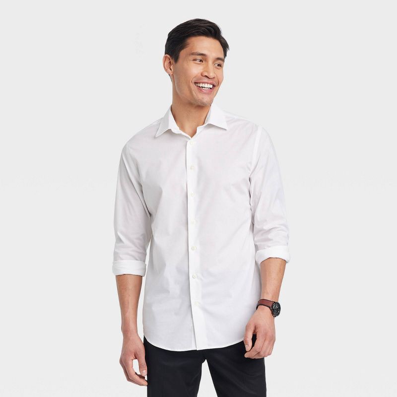 slide 1 of 3, Men's Performance Long Sleeve Button-Down Dress Shirt - Goodfellow & Co™ White L: Cotton Blend, Recycled Polyester, Spandex, 1 ct