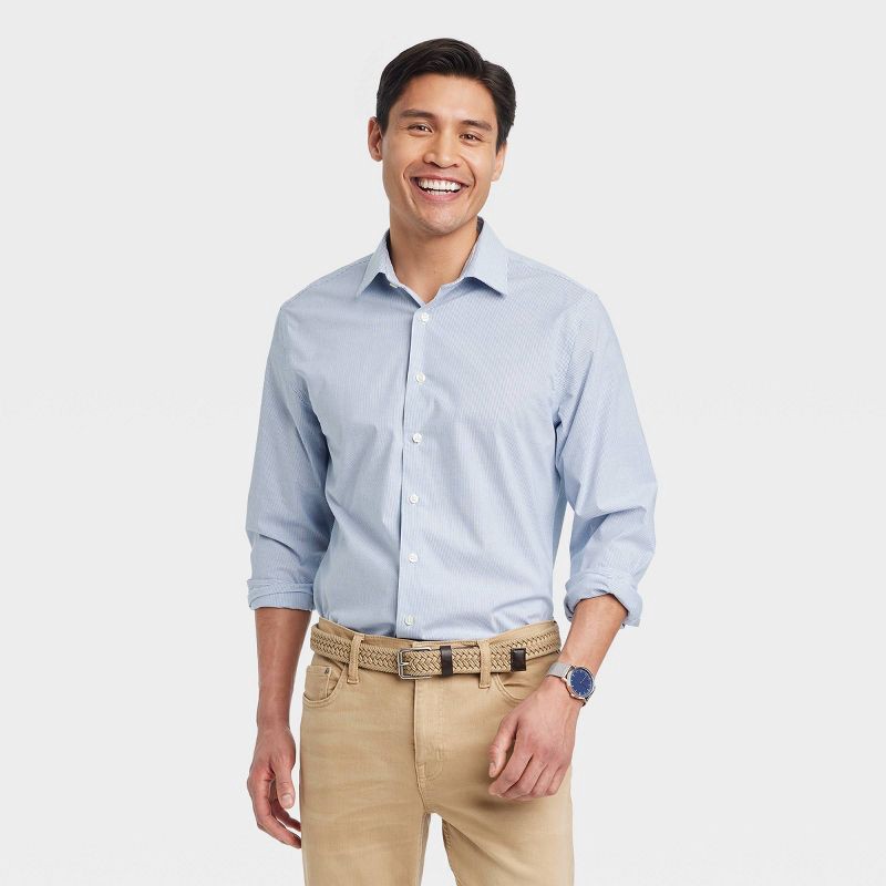 slide 1 of 3, Men's Performance Long Sleeve Button-Down Dress Shirt - Goodfellow & Co™ Light Navy Blue S: Standard Fit, 1 ct