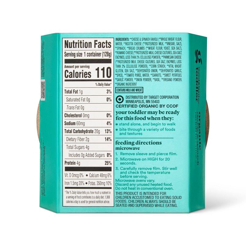 slide 2 of 4, Organic Cheese and Spinach Ravioli Toddler Meal Bowl - 4.5oz - Good & Gather™, 4.5 oz