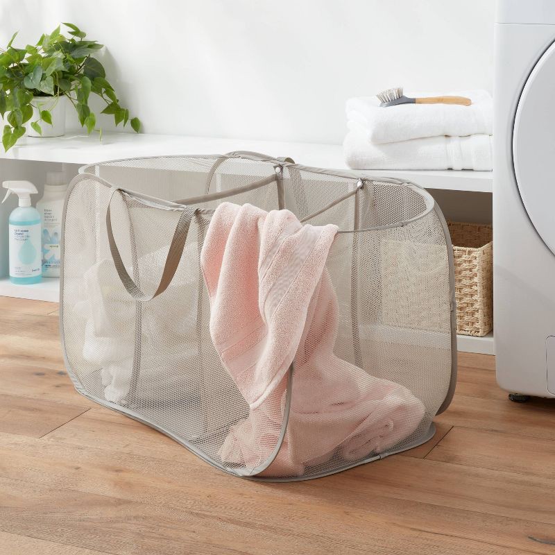 slide 2 of 3, Pop-up Mesh Triple Sorter - Brightroom™: Collapsible Gray Laundry Hamper, Multipurpose Clothes Organizer, 1 ct