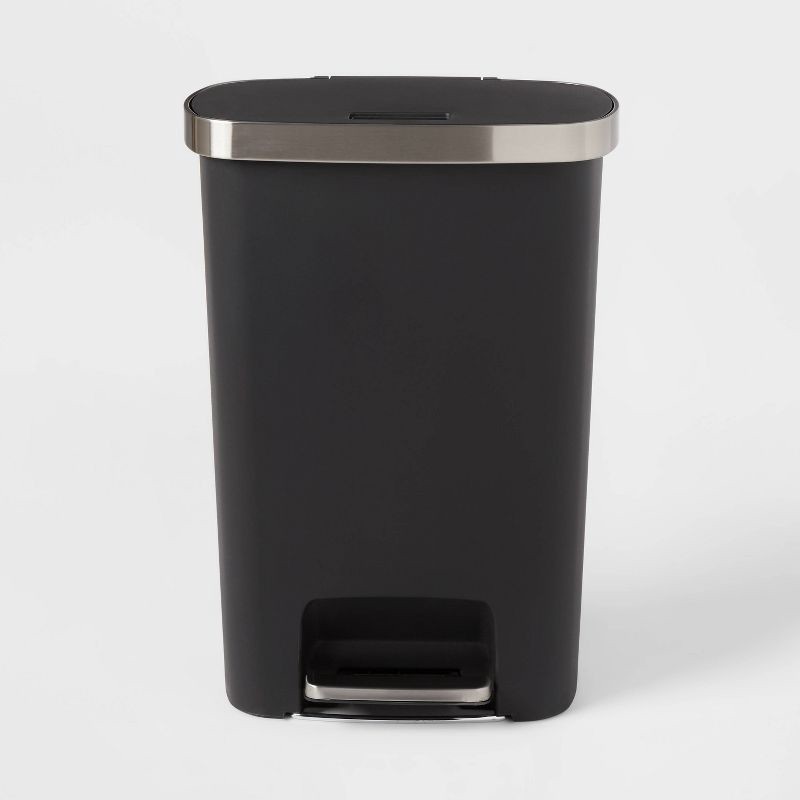 slide 1 of 3, Plastic Locking Lid Step Trash Can Black - Brightroom™: 13 Gallon Indoor Kitchen Garbage Can, Spot Clean, 25.6" Height, 13 gal