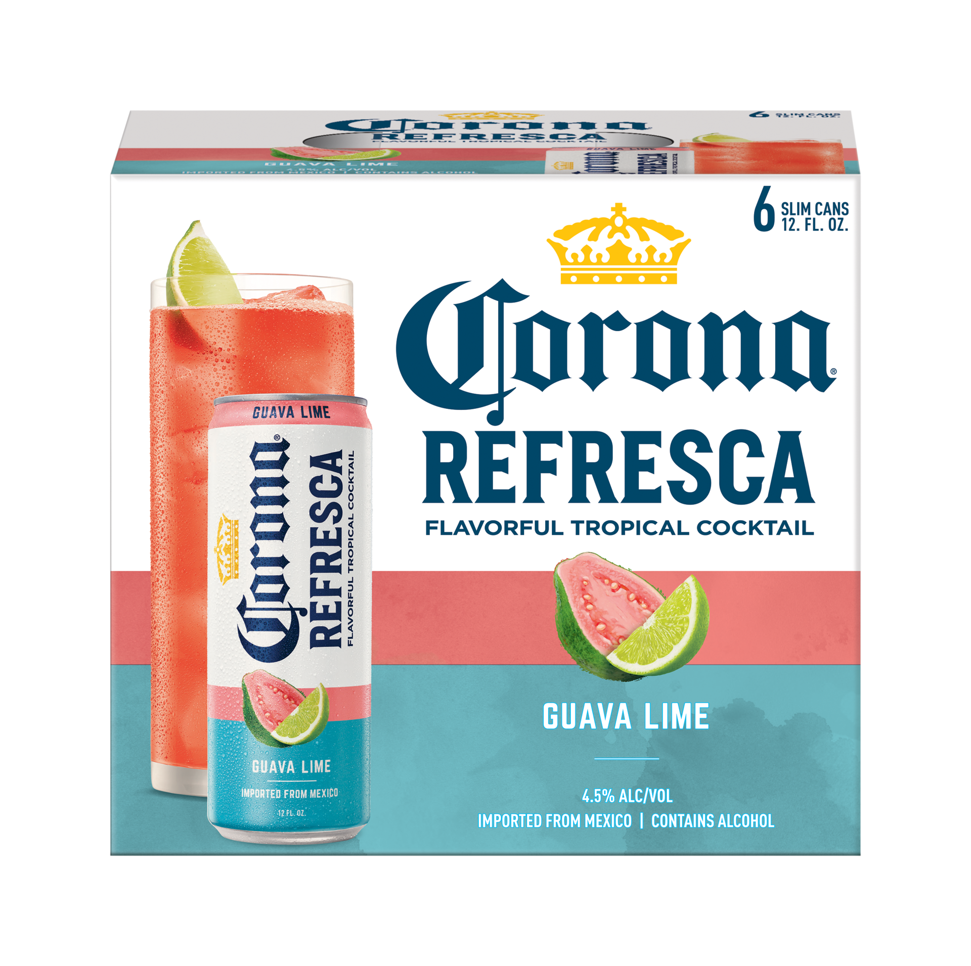 slide 1 of 6, Corona Refresca Guava Lime Spiked Tropical Cocktail, 6 pk 12 fl oz Cans, 4.5% ABV, 6 ct; 12 oz