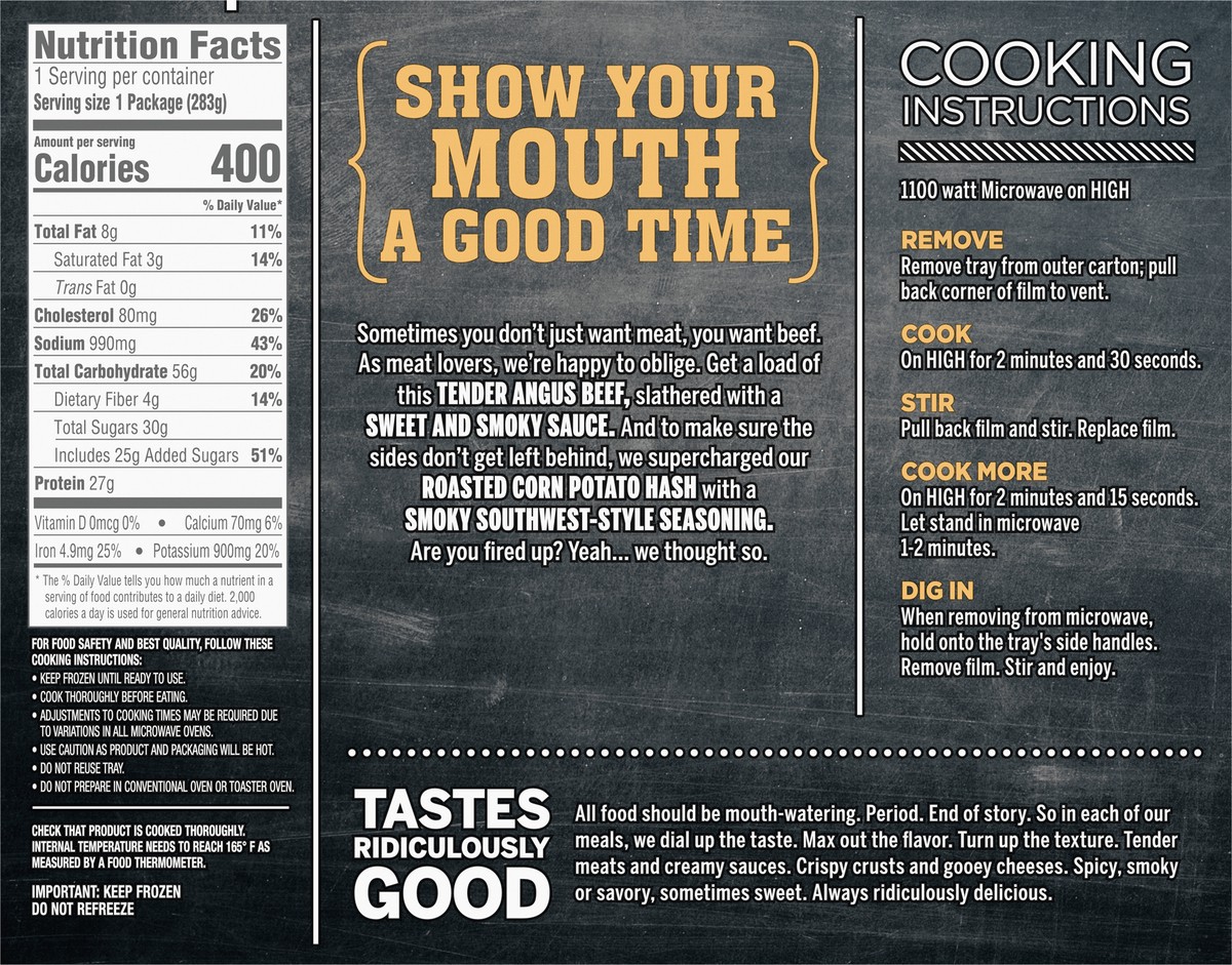 slide 8 of 9, DEVOUR Sweet & Smoky Angus Beef with Southwest Style Corn Potato Hash Frozen Meal, 10 oz Box, 10 oz
