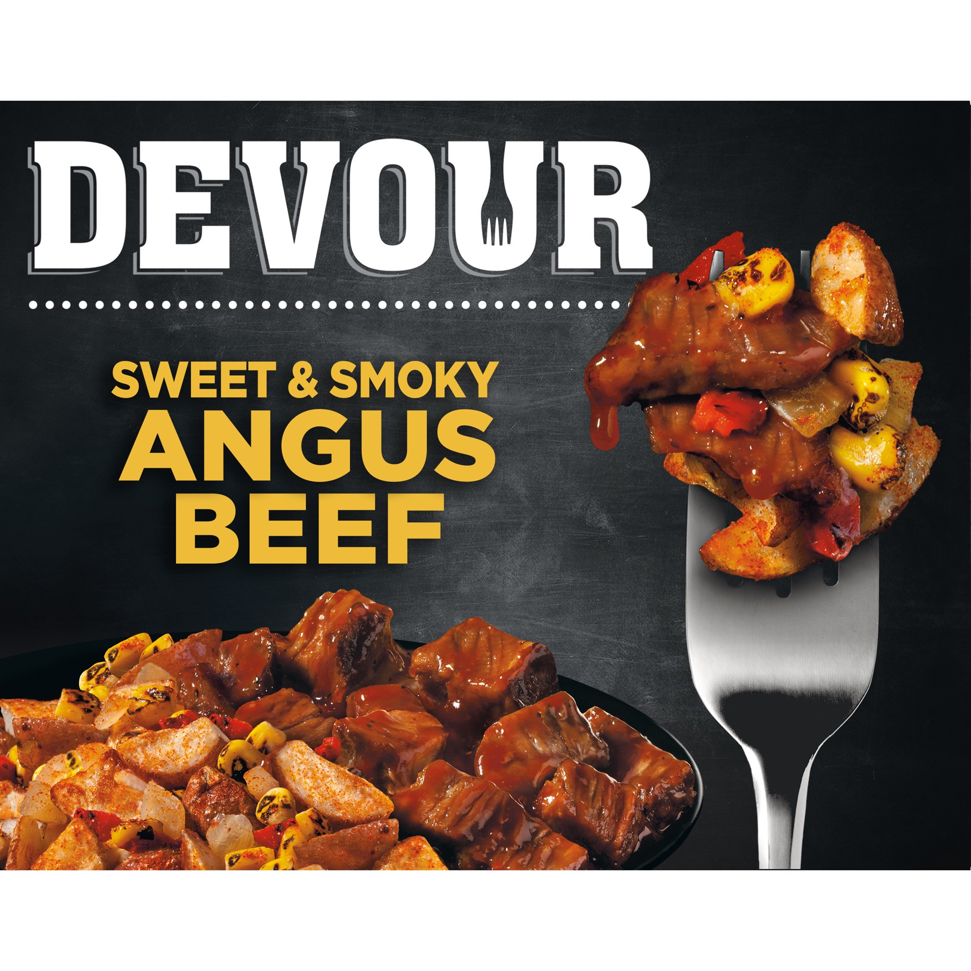 slide 1 of 9, DEVOUR Sweet & Smoky Angus Beef with Southwest Style Corn Potato Hash Frozen Meal, 10 oz Box, 10 oz