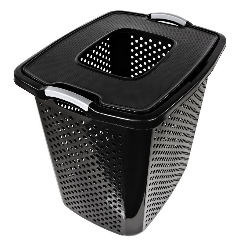 slide 2 of 4, Home Logic XL Bushel Lidded Hamper Black: Plastic Clothes Hamper with Lid, Built-In Handles, 23.29 Volume Capacity, 1 ct