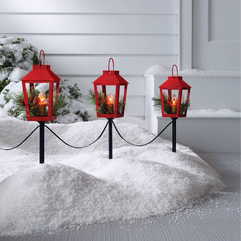 slide 2 of 5, 3pc Incandescent Red Metal Lantern with Greenery Christmas Novelty Path Light Clear - Wondershop™: UL Listed, Festive Outdoor Decor, 3 ct