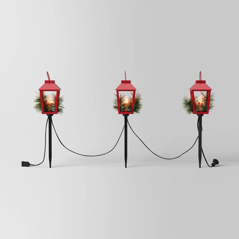 slide 1 of 5, 3pc Incandescent Red Metal Lantern with Greenery Christmas Novelty Path Light Clear - Wondershop™: UL Listed, Festive Outdoor Decor, 3 ct