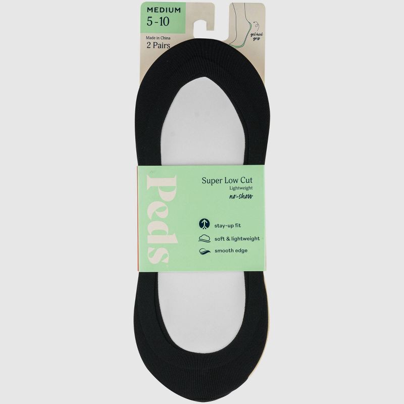 slide 2 of 8, Peds Women's 2pk V Neck Super Low Cut Liner Socks - Black/Nude 5-10: Nylon Spandex Knit, Hidden Gel Heel Grip, 2 ct