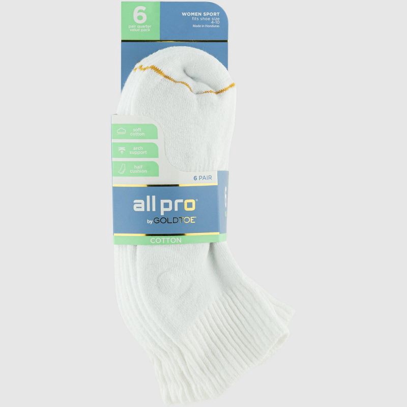 slide 2 of 6, All Pro Women's 6pk Quarter Cotton Socks - White 4-10: Arch Support, Cushioned Sole, Moisture Wicking, 6 ct