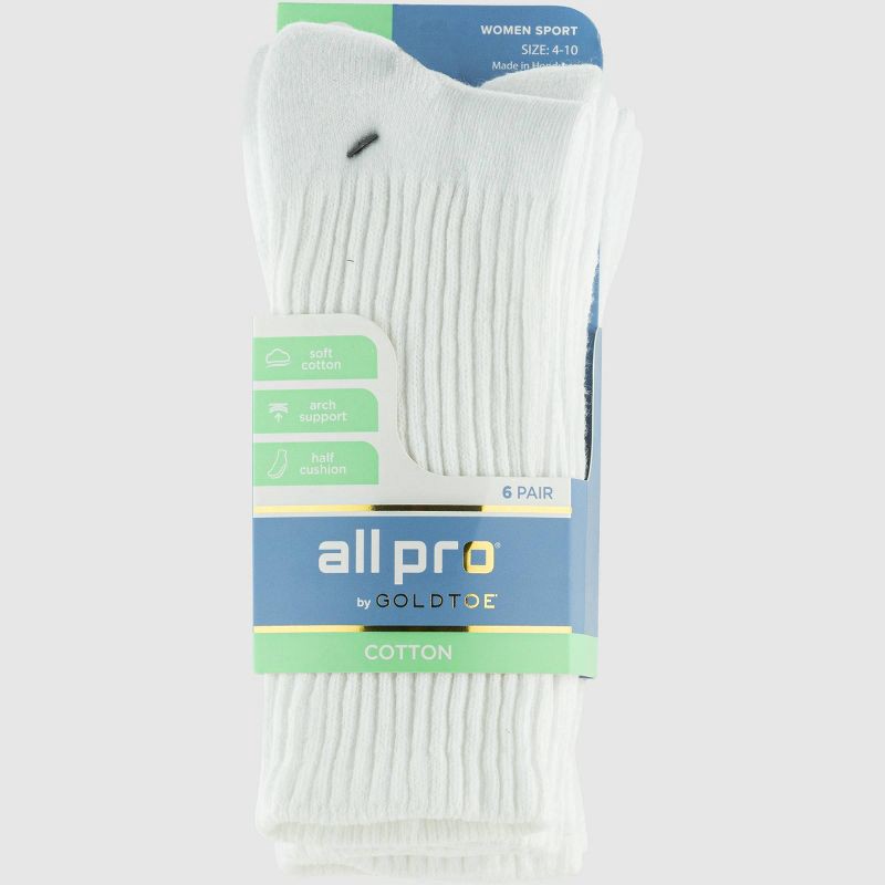 slide 2 of 5, All Pro Women's 6pk Crew Cotton Socks - White 4-10: Arch Support, Cushioned Sole, Moisture Wicking, 6 ct