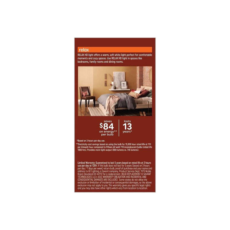 slide 2 of 11, GE Household Lighting GE 2pk 60W Relax T10 LED Light Bulbs Soft White: Dimmable Edison E26 Tubular, 800 Lumens, 2700K, 13.7-Year Life, 2 ct