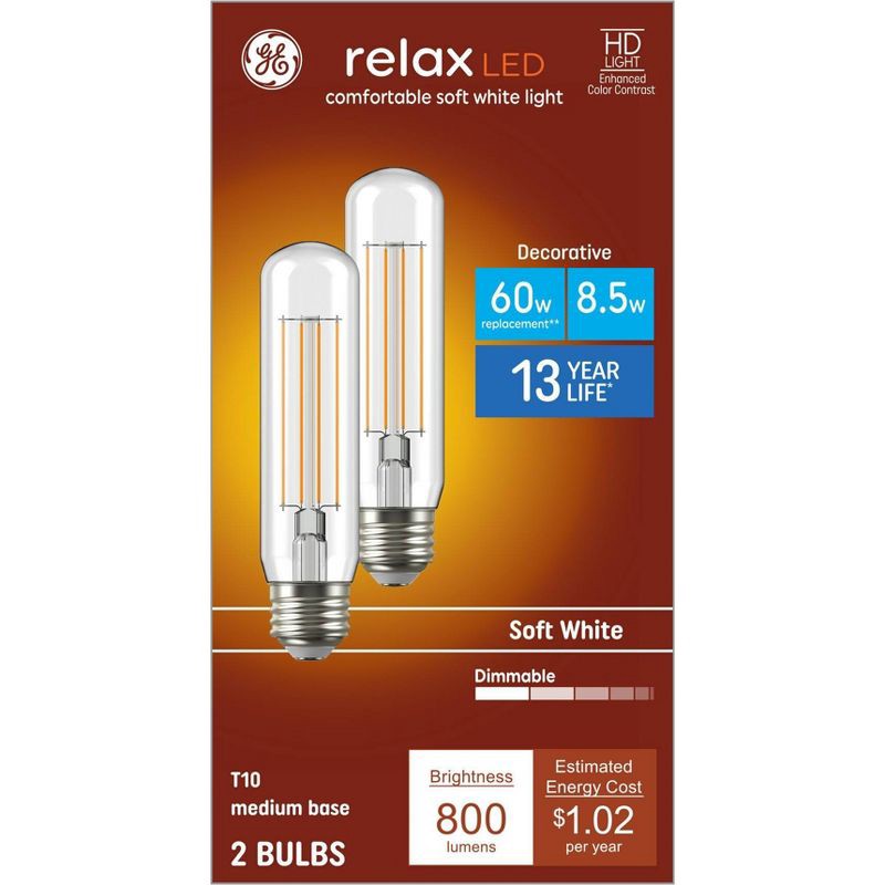 slide 1 of 11, GE Household Lighting GE 2pk 60W Relax T10 LED Light Bulbs Soft White: Dimmable Edison E26 Tubular, 800 Lumens, 2700K, 13.7-Year Life, 2 ct