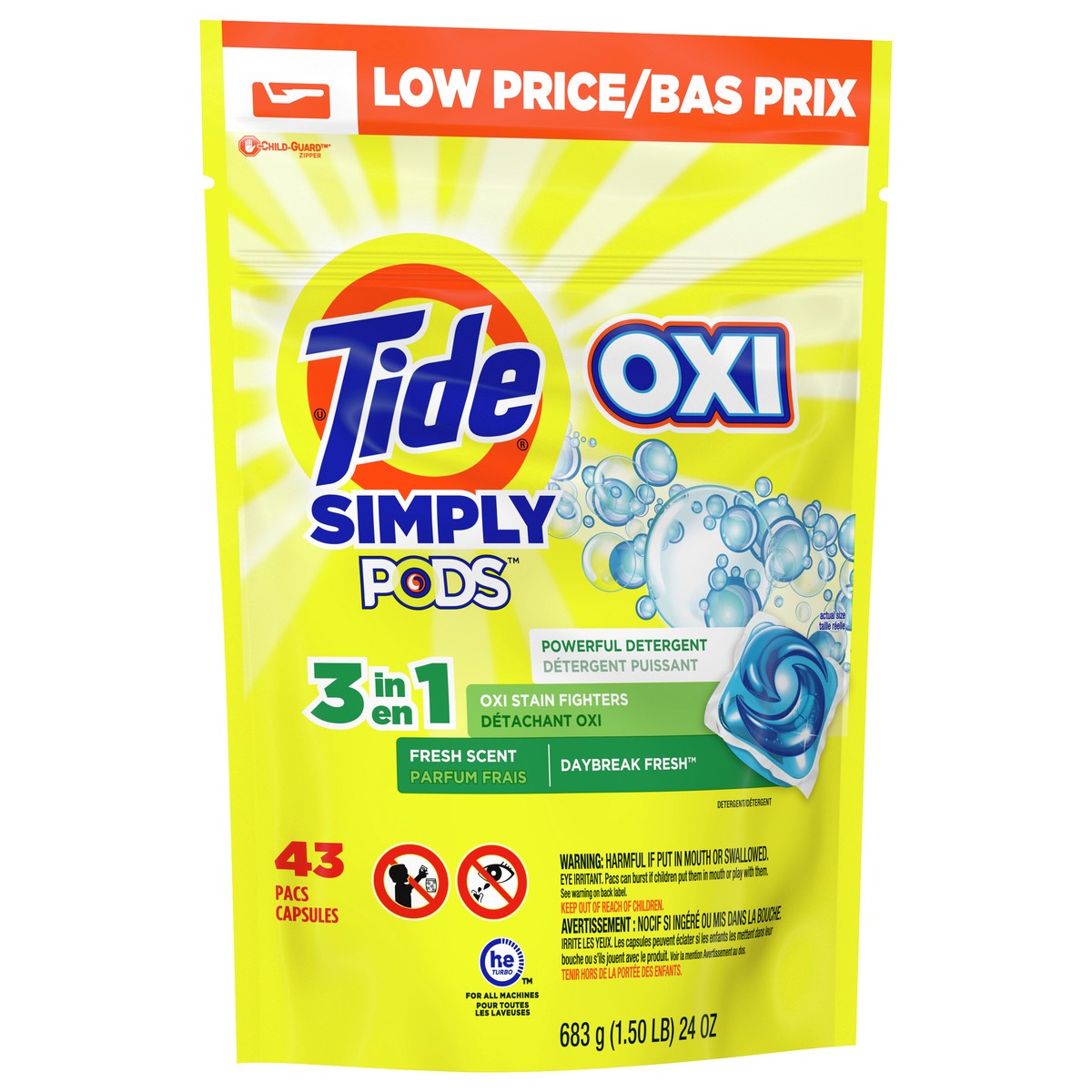 slide 2 of 3, Tide Simply PODS +Oxi Liquid Laundry Detergent Pacs, Daybreak Fresh, 43 count, 43 ct