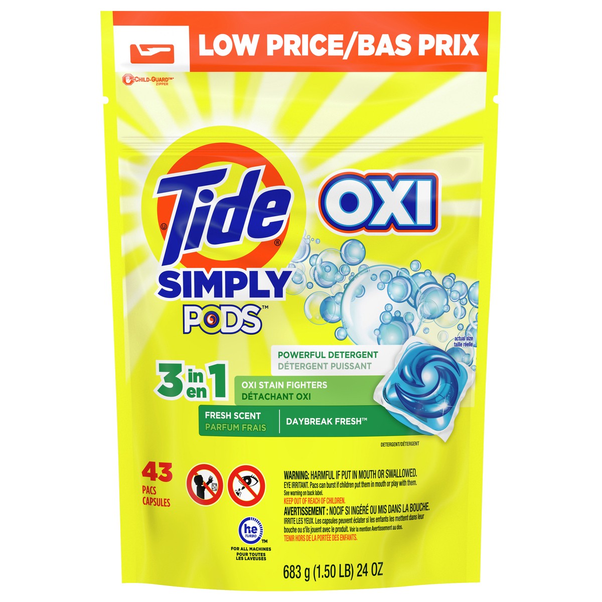 slide 1 of 3, Tide Simply PODS +Oxi Liquid Laundry Detergent Pacs, Daybreak Fresh, 43 count, 43 ct