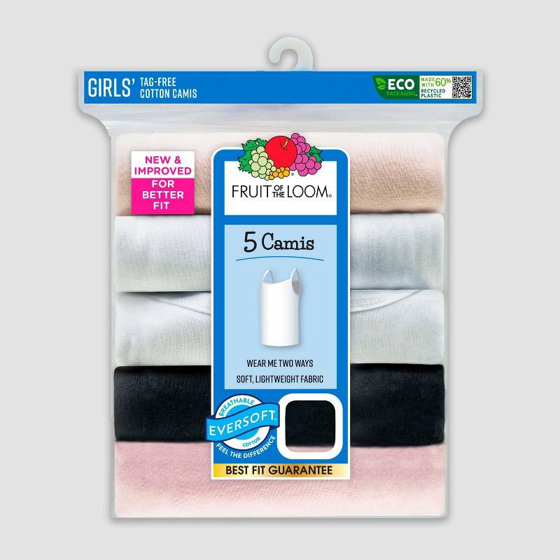 slide 4 of 5, Fruit of the Loom Girls' 5pk Cami - Colors May Vary S: Lightweight Knit, Tagless, Spaghetti Straps, 5 ct