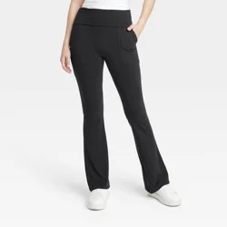 Women's Fold Over Waistband Flare Leggings with Pockets - A New Day™ Black M: High Rise, Midweight Jersey
