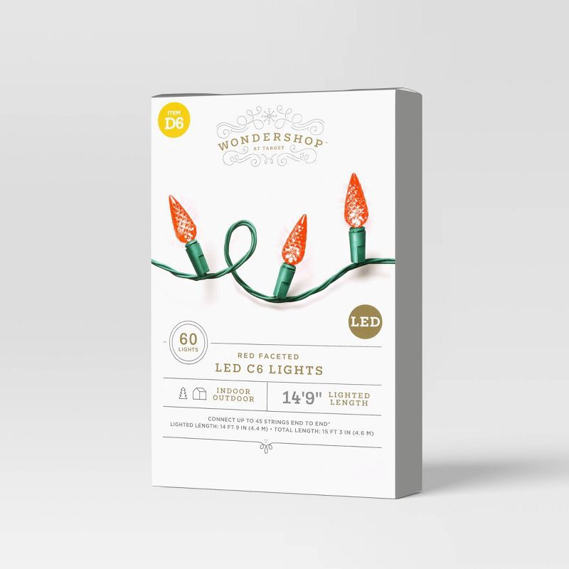 slide 4 of 5, 60ct LED Indoor Outdoor C6 Faceted Christmas String Lights Red with Green Wire - Wondershop™, 60 ct