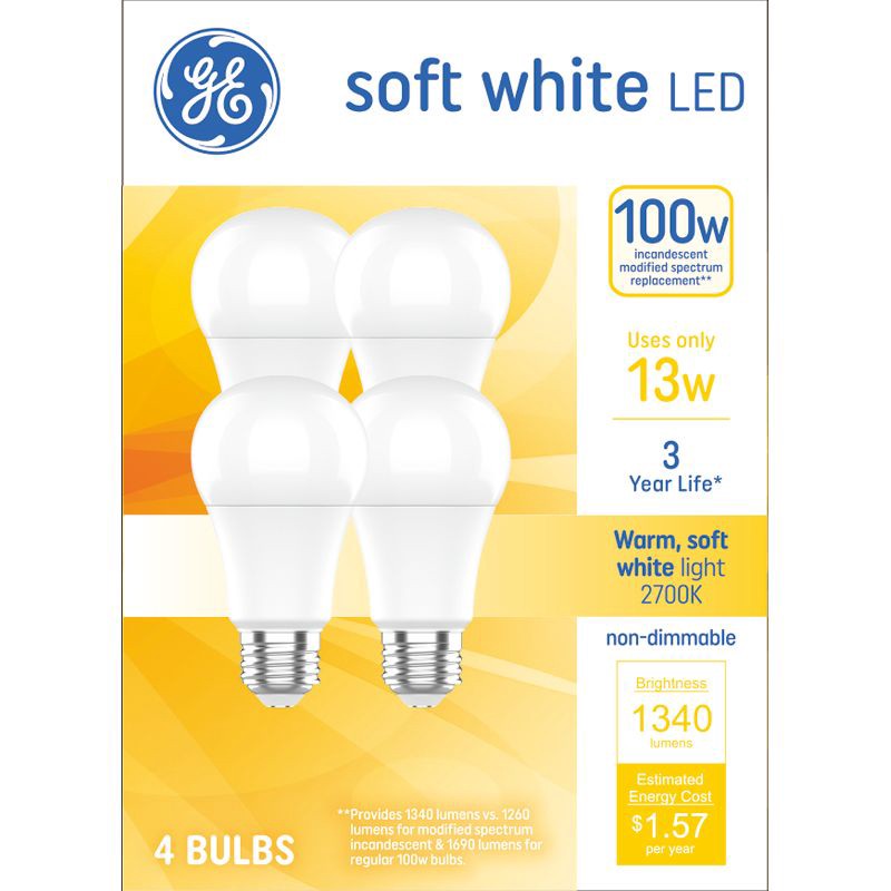 slide 1 of 3, GE Household Lighting GE 4pk 100W Soft White A19 LED Light Bulbs, 4 ct