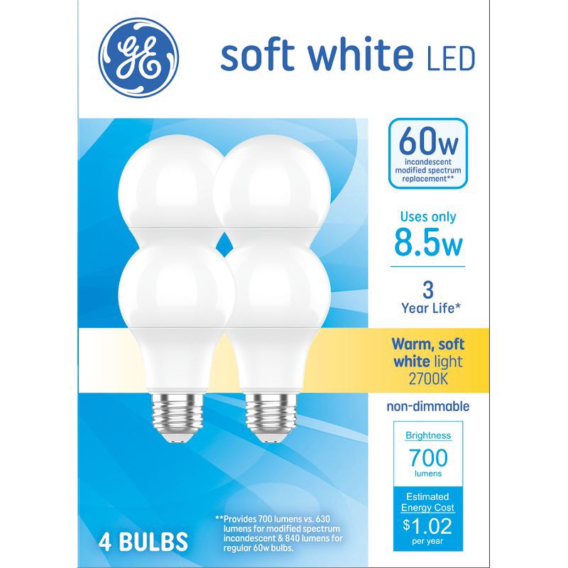 slide 1 of 3, GE Household Lighting GE 4pk 60W Soft White A19 LED Light Bulbs, 4 ct